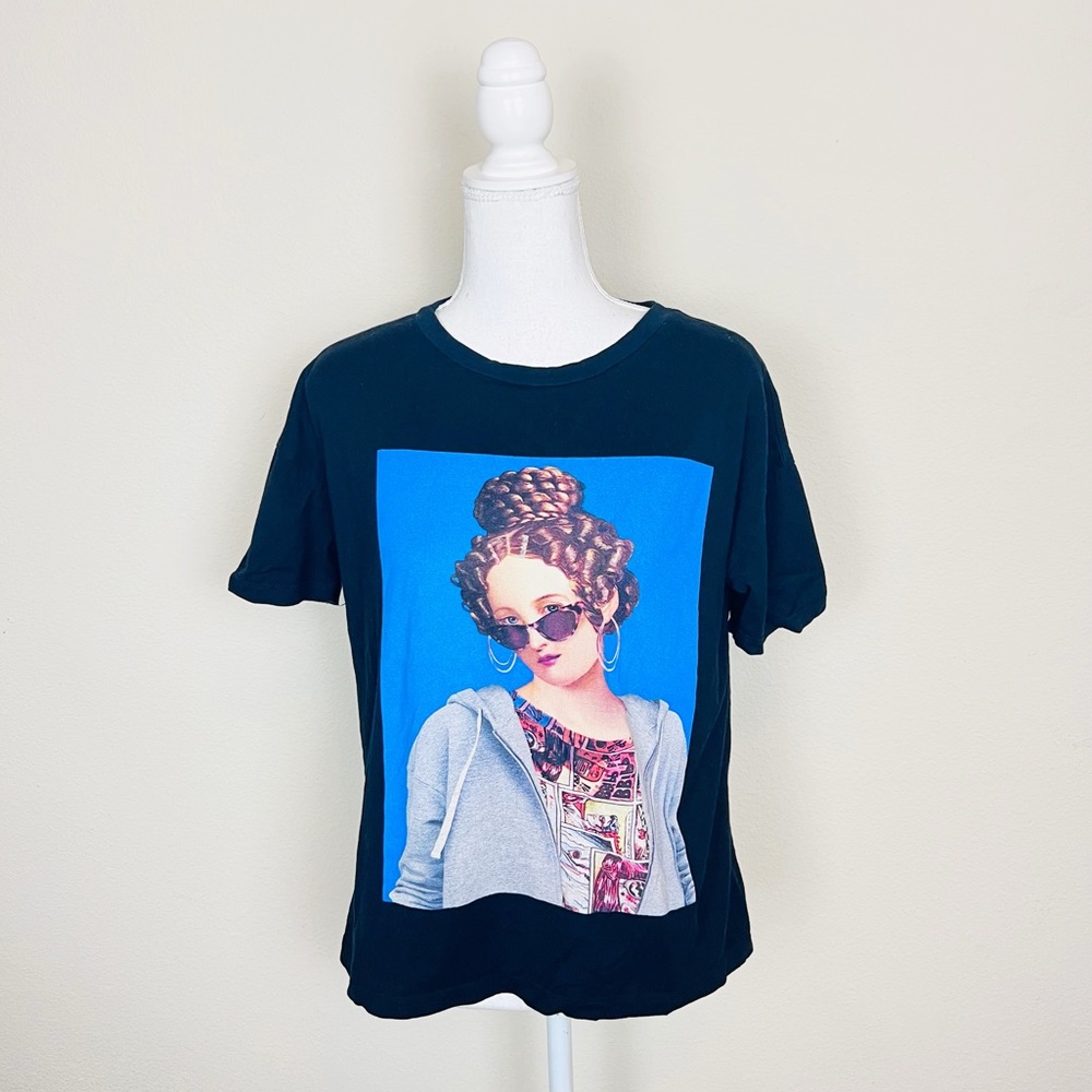 Zara Black & Blue Graphic ‘Modern Mona Lisa’ Short Sleeve T-Shirt Top